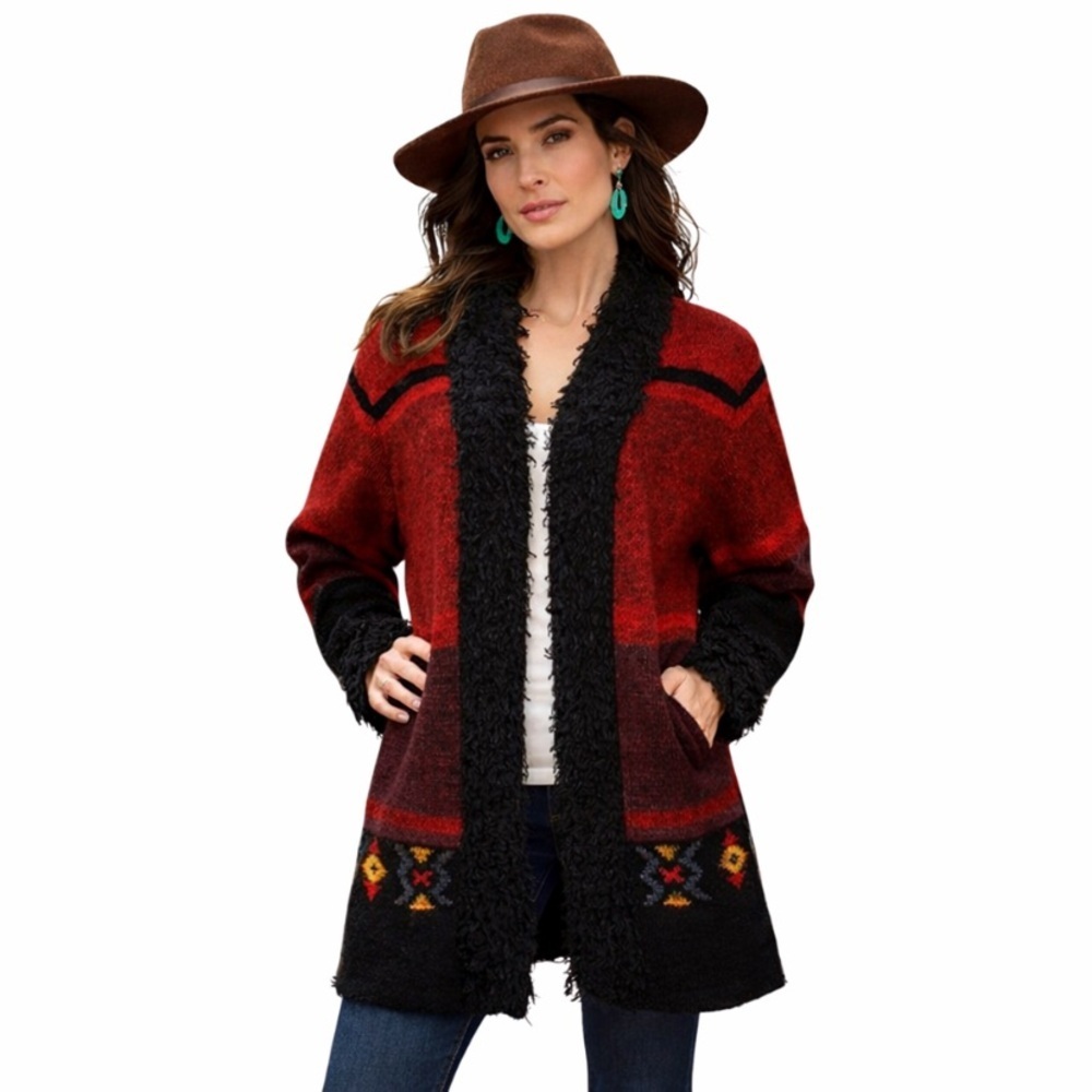 N8tive Bits By Sandi and Jo Red Black Southwestern Open Front Cardigan Size L